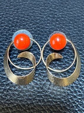 14k Gold Hoop Drop Earrings with Red coral Cabochon post earrings that attach